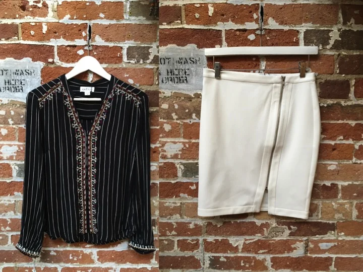 Velvet Striped Novelty Blouse $237 Cupcakes & Cashmere Ponte Pencil Skirt $145