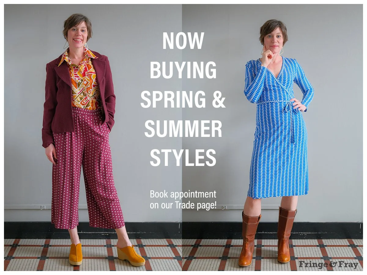 Model in two different outfits, spring and summer styles.