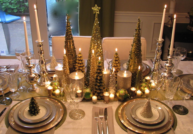 A small Christmas tree forest on the table via southshoredecoratingblog.com