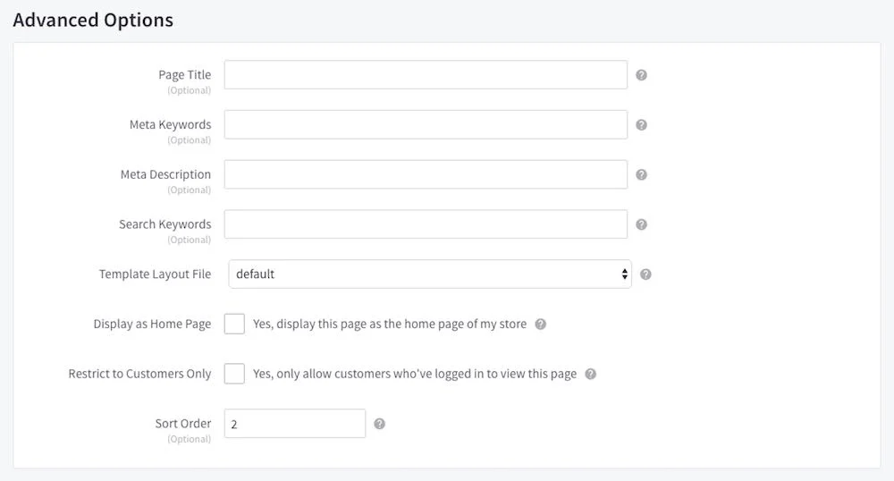 The ‘Advanced Options’ section in Bigcommerce pages allows you to enter SEO information.