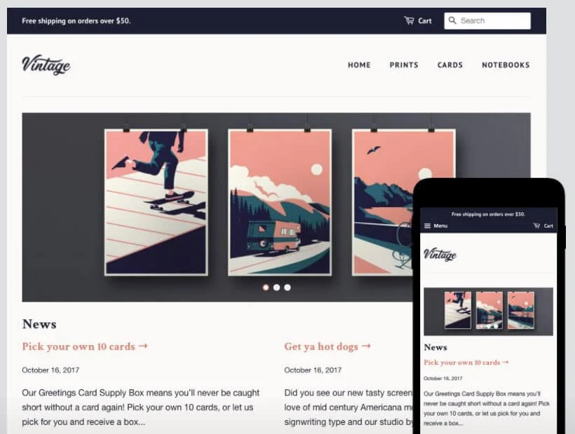 Example of a Shopify template - note that it is responsive, meaning that it automatically adjusts itself to suit the device it’s being viewed on.