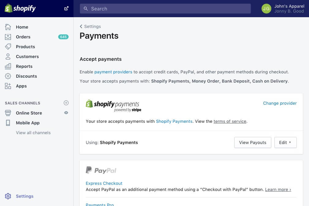 Shopify's interface