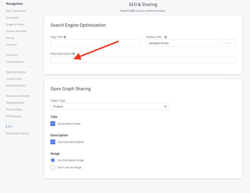 Editing a meta description for a Bigcommerce product