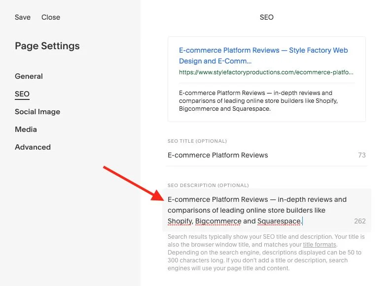 Adding a meta description to a static page in Squarespace
