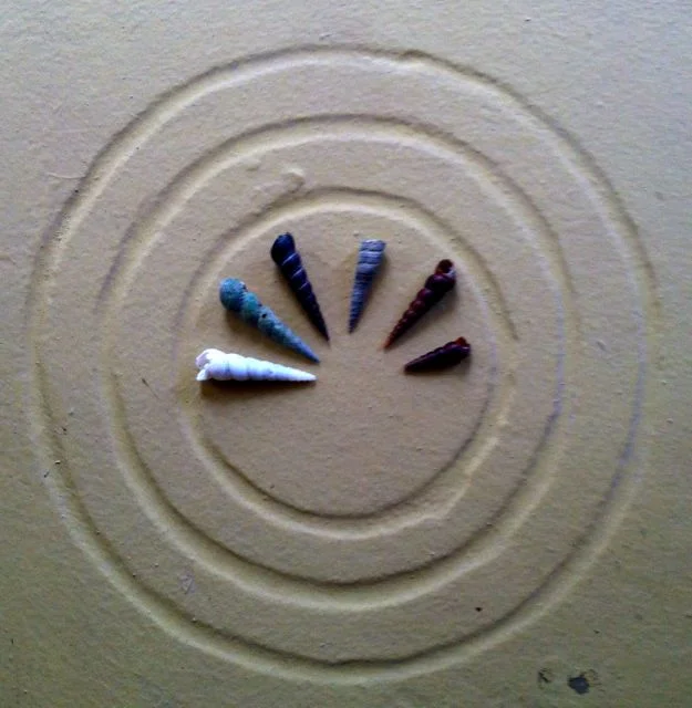 The circular logo of Sandele - adorned with a bit of beach bling we found!