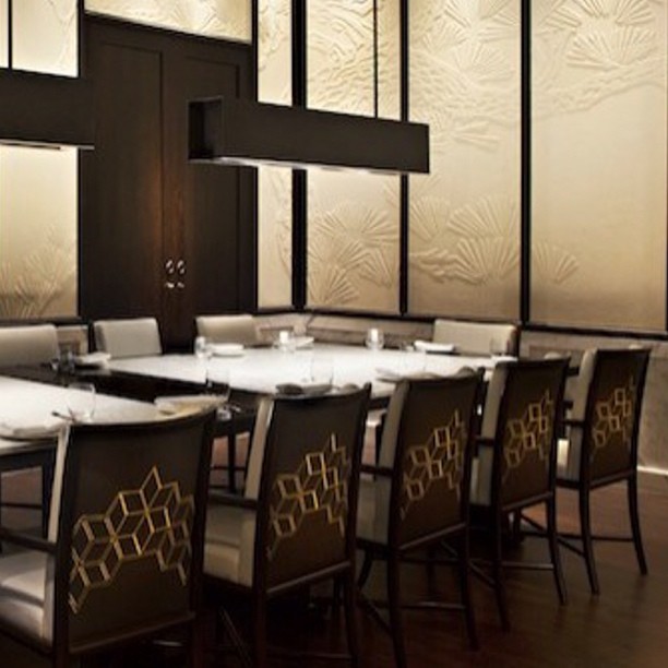 Our custom bas relief decorative plaster finish of cherry blossom trees installed at Hakkasan Beverly Hills.