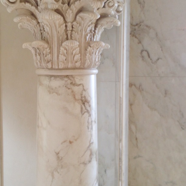 Faux marble painted finish on column shaft to match existing, and oils glaze to Corinthian capital.