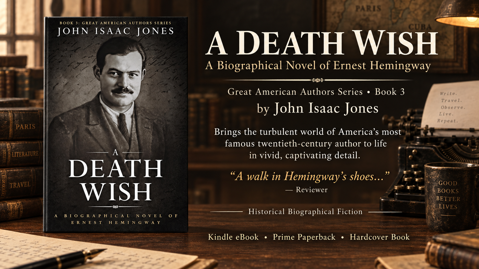 Book Deal on ContentMo 📚 A Death Wish: A Biographical Novel of Ernest Hemingway (Great American Authors Series Book 3) by John Isaac Jones 📚 "A walk in Hemingway's shoes..." - Reviewer
