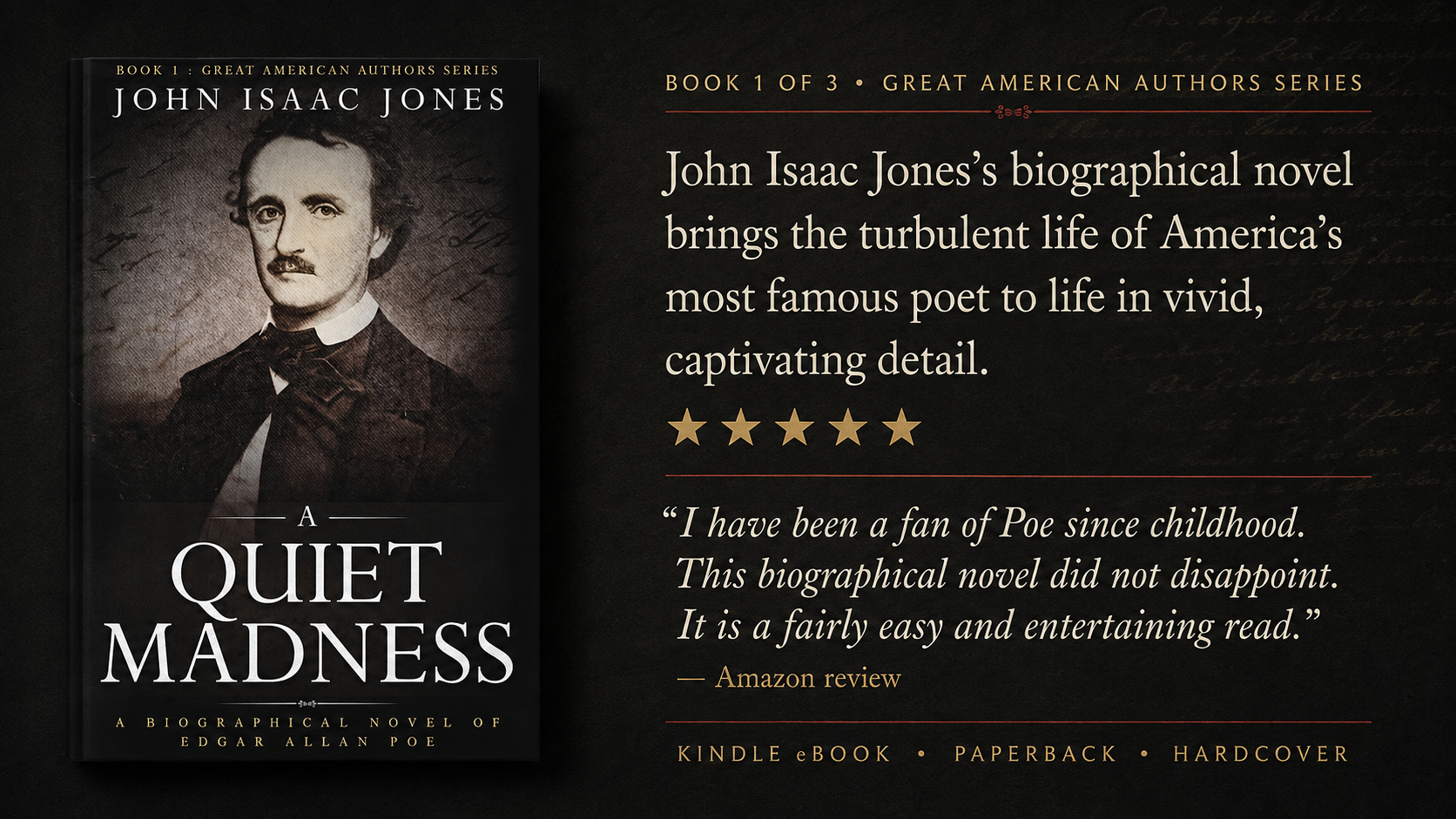 Featured Book on ContentMo • A Quiet Madness: A Biographical Novel of Edgar Allan Poe (Great American Authors Series) by John Isaac Jones • "An enjoyable read"  