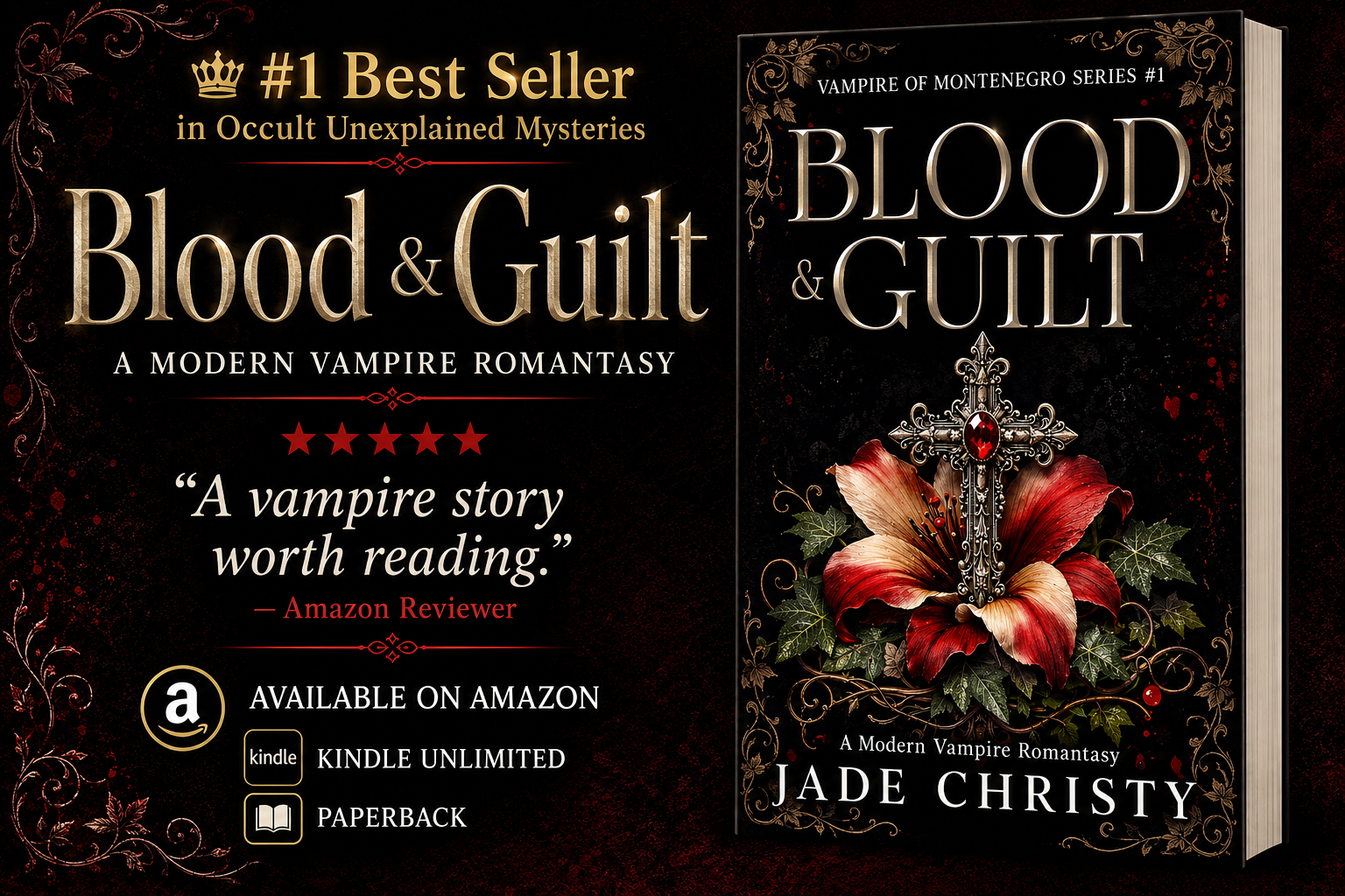 ➣ Featured 99¢ Kindle eBook Deal ➣  Blood &amp; Guilt: A Modern Vampire Romantasy (Vampire of Montenegro Series Book 1) by Jade Christy • "Not a One-Sitting Reader- until this book"