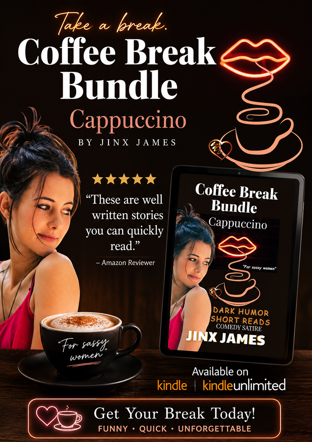 ➡ Kindle Unlimited eBOOK ➡ ☕ Can you handle some dark humor with your morning coffee?  Cappuccino: Coffee Break Bundle : Dark Humor Short Reads (Comedy Satire for sassy women) Book 2 by Jinx James 