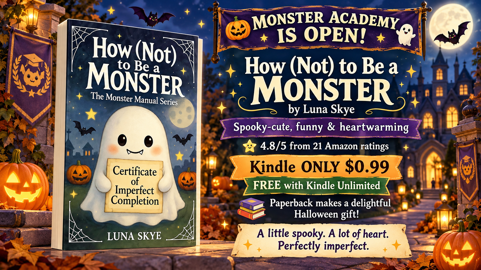 ➣ Featured Children's 99¢ Kindle Unlimited eBook Deal ➣ 🎃 How (Not) to Be a Monster: A spooky-cute, heart-warming story about fear, friendship &amp; finding yourself by Luna Skye 
