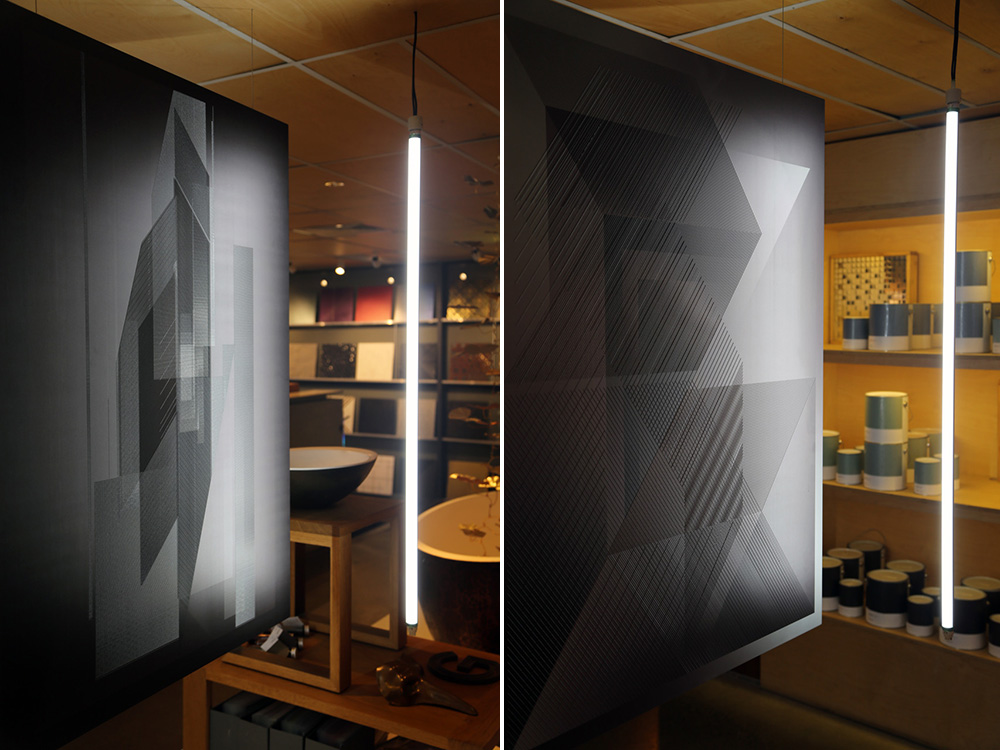 Difference 03 and Difference 01 by Marcus Piper, printed and 3D printed on aluminium at the Axolotl showroom.