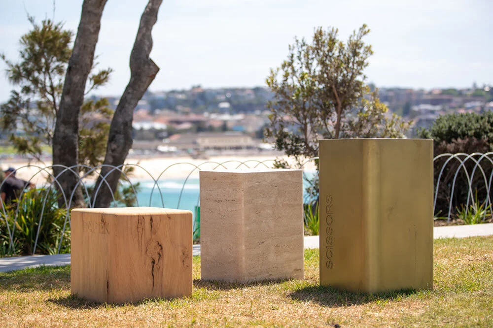 Image: Giuliana De Felice , ‘Rock. Paper. Scissors.’, Sculpture by the Sea, Bondi 2019. Photo: Charlotte Curd