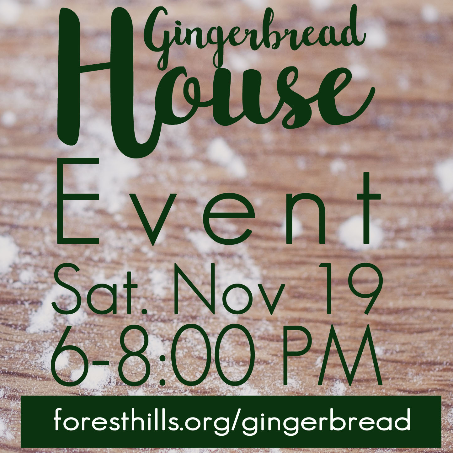 Please join us for our annual gingerbread house event on Saturday, November 19, from 6:00-8:00 pm. Each family will need to bring 1-2 covered dishes, your own decorating candy, $2 for icing, and a wooden house. If you need a wooden house, some are available. Get more details and sign up at foresthills.org/gingerbread.