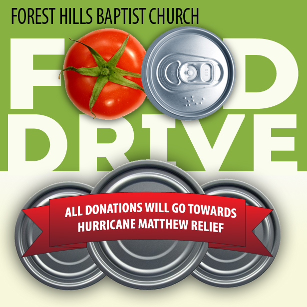 We're collecting canned food to assist those impacted by Hurricane Matthew. Donations can be dropped off in The Gathering Place and Fellowship Hall between 11/27-12/18.