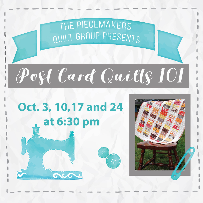 The Arts Ministry of Forest Hills and The Piecemakers Quilt Group at Shepherd's Studio present POSTCARD QUILTS 101. Express your creativity! Learn how to make easy fabric postcard quilts to make and mail to family and friends or keep for yourself! Marianne Donahue will be teaching this fun class. We will meet Oct.3, 10,17 and 24 at 6:30 pm. There is no cost and all materials will be provided. Sign up at the Ministries Fair or at foresthills.org/churchlife . Limited space available.