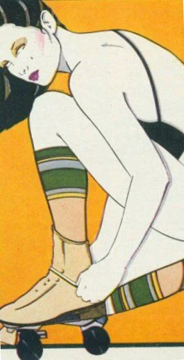 Nothing but a bathing suit and some skates.