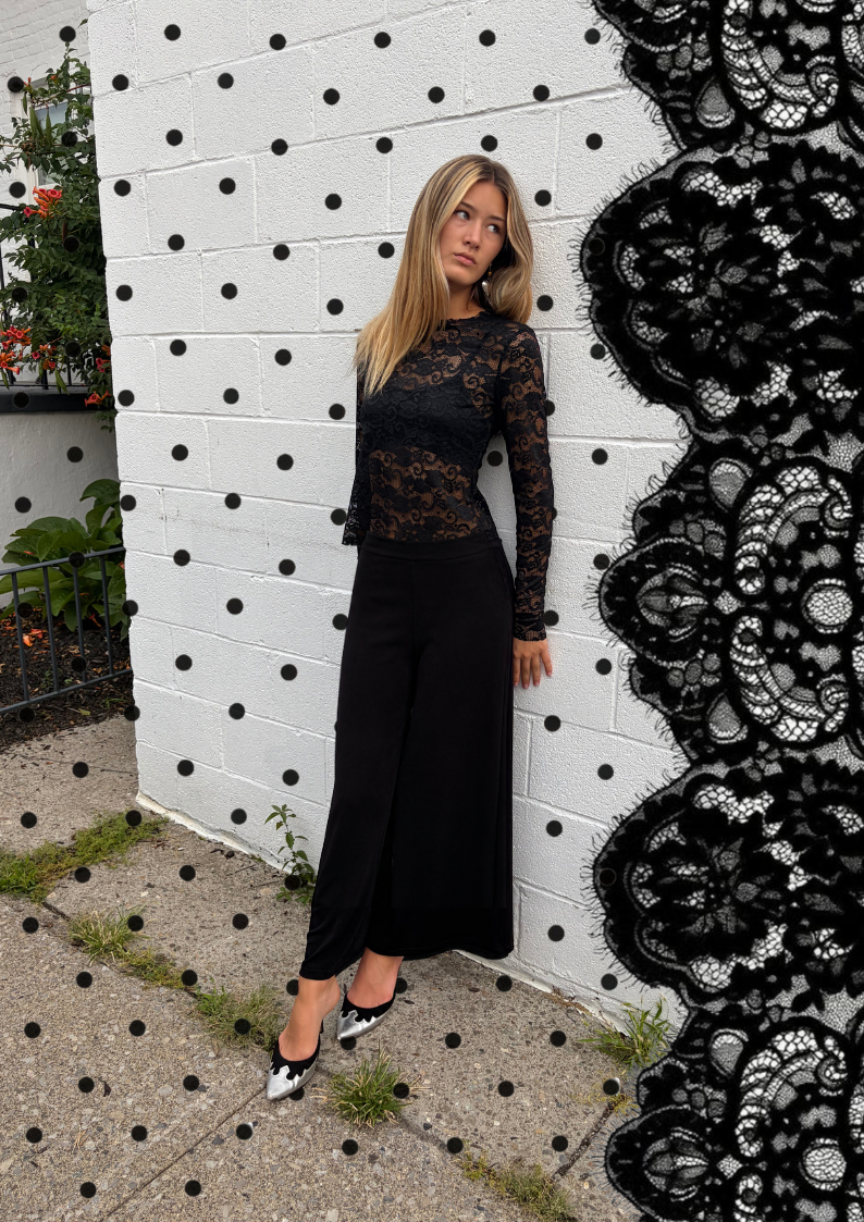 Lace stretch top with bralette underneath.  Paired with slinky cropped wide leg pants in black.