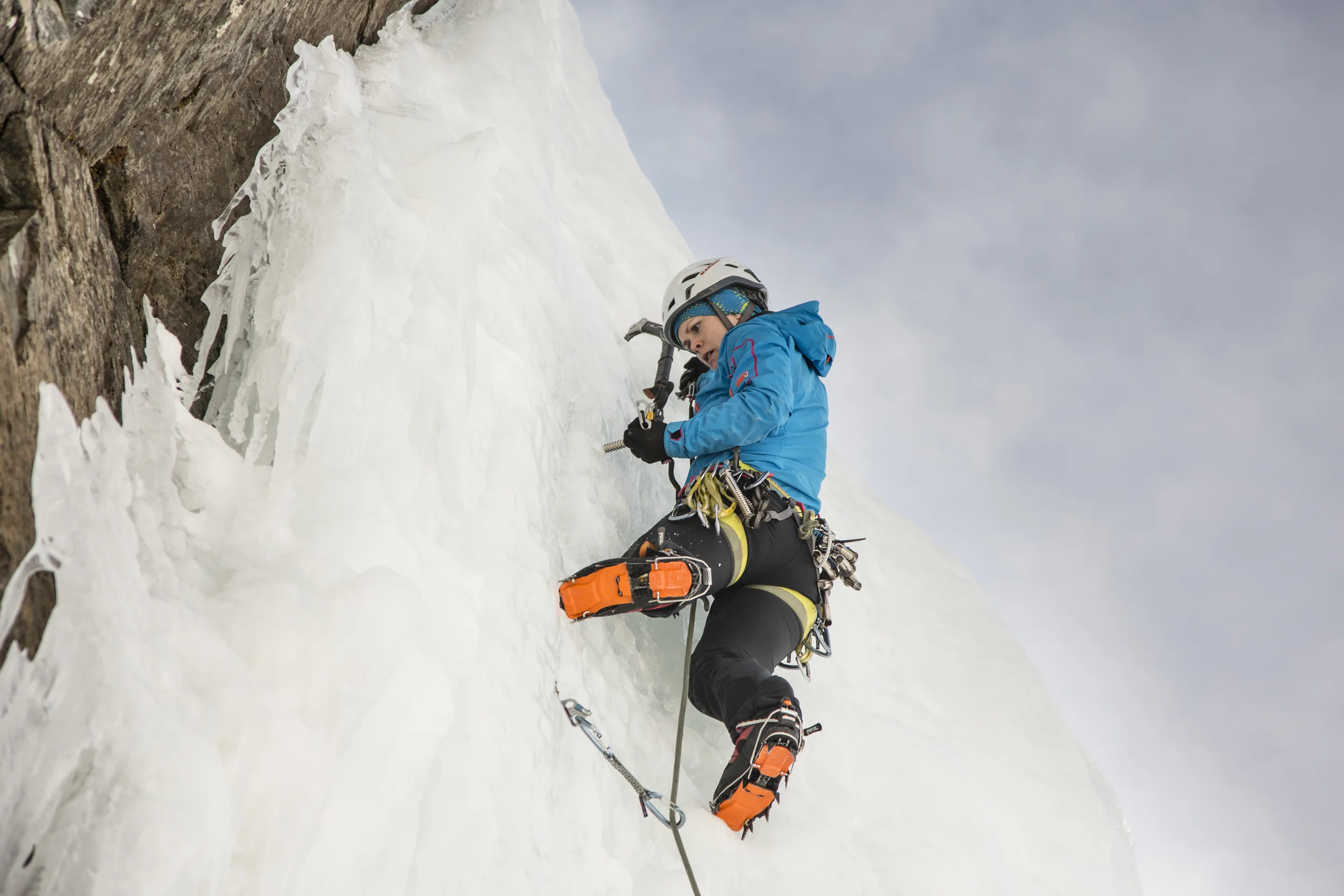 Getting comfortable on some steeper ice. Photo: David Moskowitz