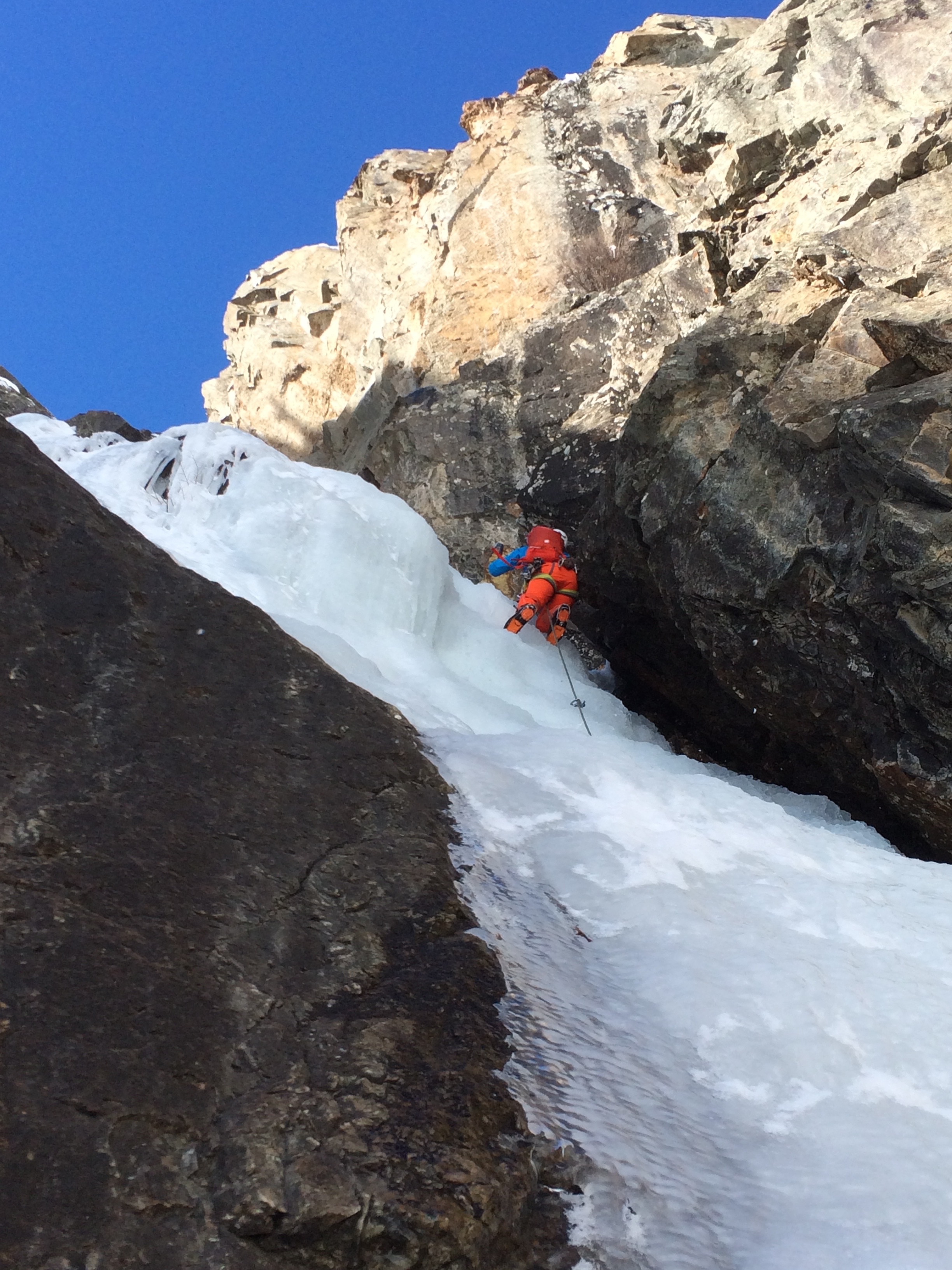 Erin in the lead on Goldrush in Eureka, CO on the AMGA Ice Instructor Course. Photo: Angela Hawse