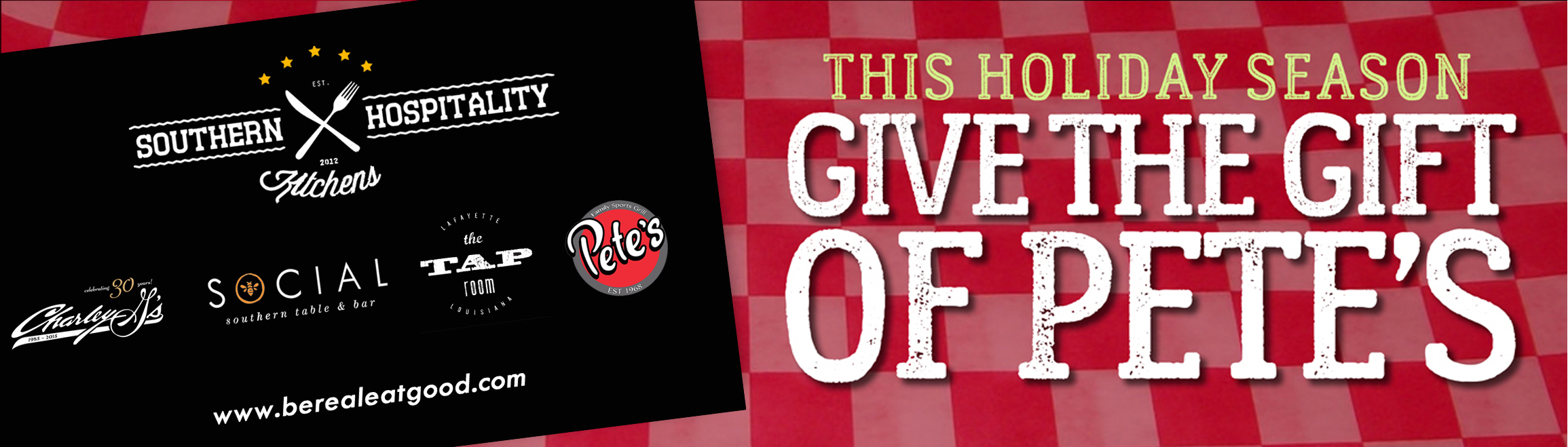CYBER MONDAY GIFT CARD SALE! Visit our website (peteslafayette.com) Monday, November 26, 2018 at midnight (12:00 am) and purchase a $50.00 gift card for only $25.00! There are only 100 gift cards available - when they are gone, they are gone! This sale is only available online Monday, November 26,2018 starting at midnight! They do sell out fast. *limit 1 per person, please* Link the purchase gift cards: http://www.peteslafayette.com/gift-certificate/5000-gift-card-1 Also beginning on Monday, November 26,2018 running through Monday, December 24, 2018 for every $100 in gift cards purchased, you will receive a $10 bonus card that can be used at Charley G's, Social, Pete's or the Tap Room. Our gift cards can be purchased in-house or online. Bonus card offer available from Monday, November 26,2018 until Monday, December 24, 2018. Bonus cards can be used January 2, 2019 through April 30, 2019 at any of our locations (Charley G's, Pete's, Social Southern Table & Bar and The Tap Room).