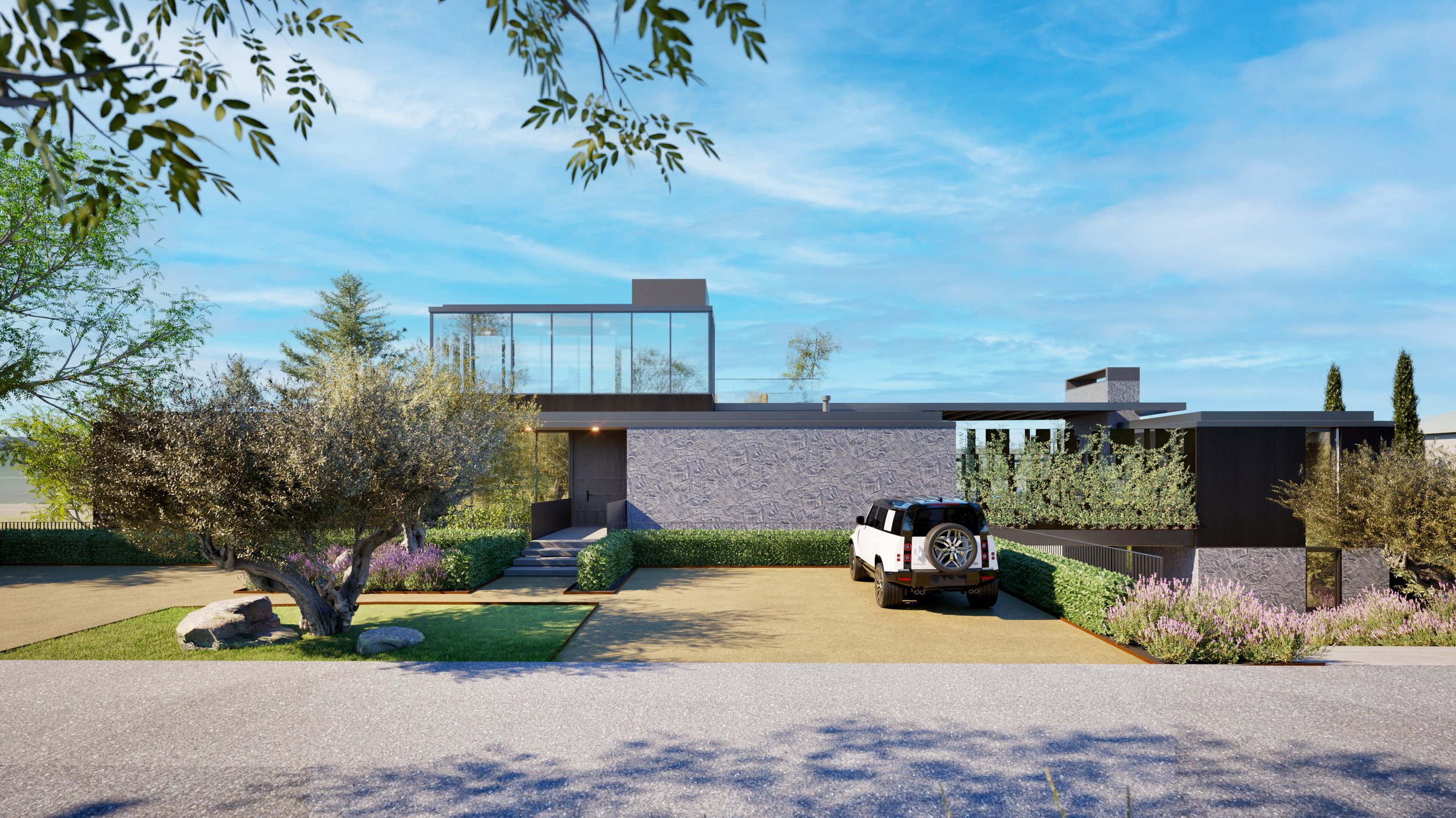 Street-level view of custom modern residence in Hood River, Oregon — William Kaven Architecture.