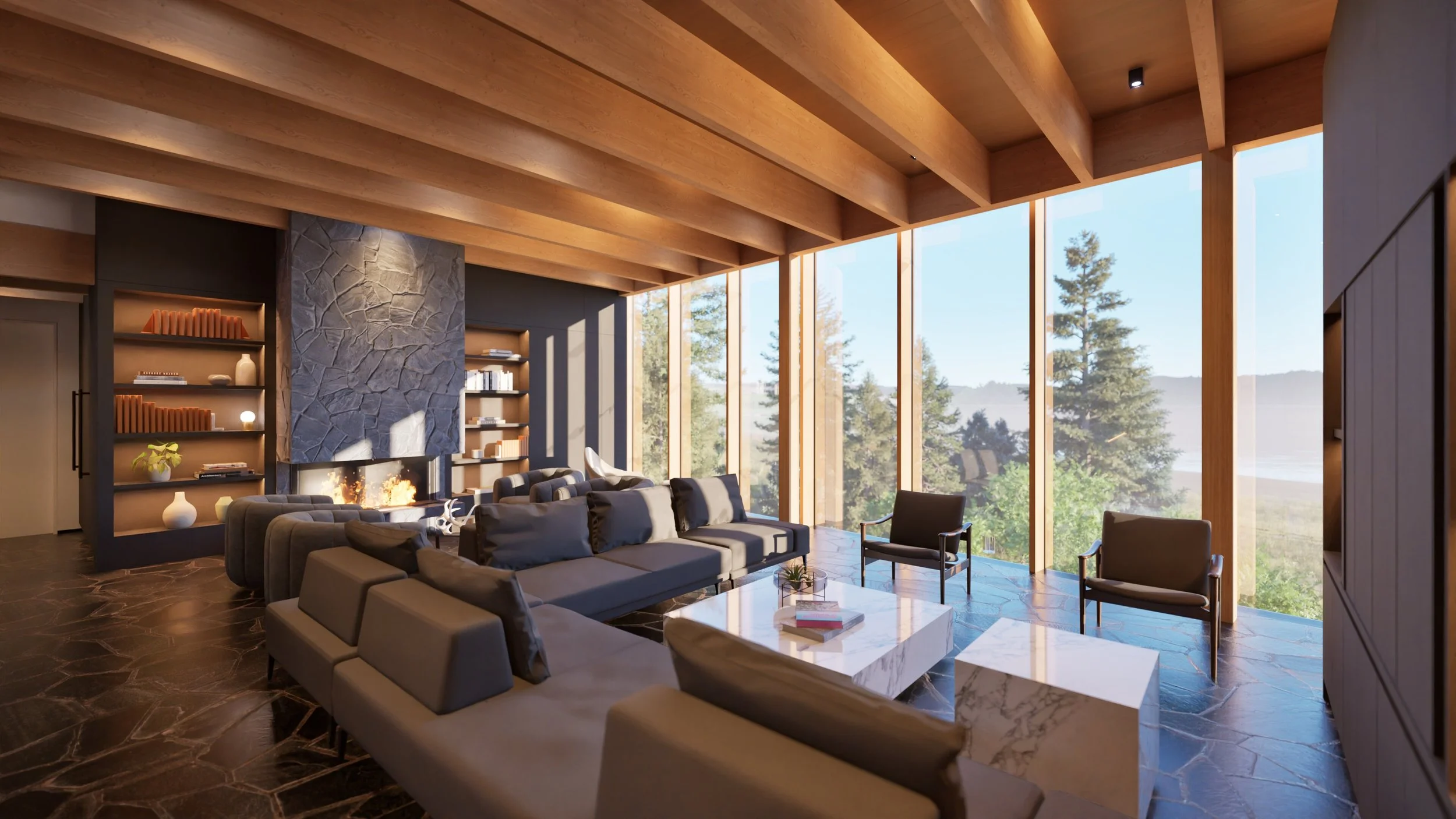 Living room with bookshelves and fireplace, overlooking Hood River, Oregon — William Kaven Architecture.