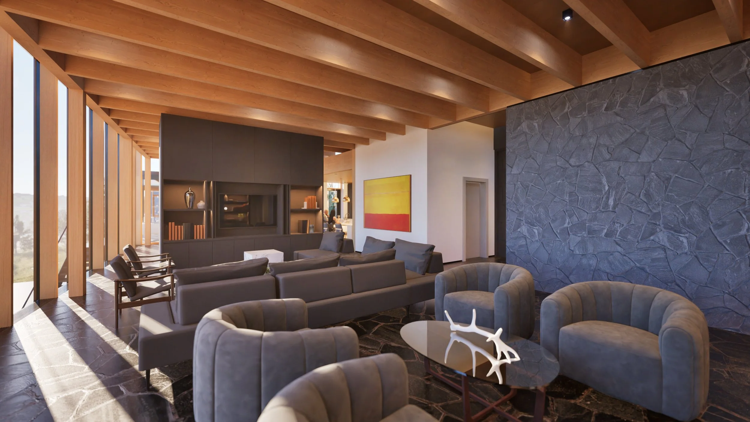Living room with multiple seating areas and media center in Hood River, Oregon — William Kaven Architecture.
