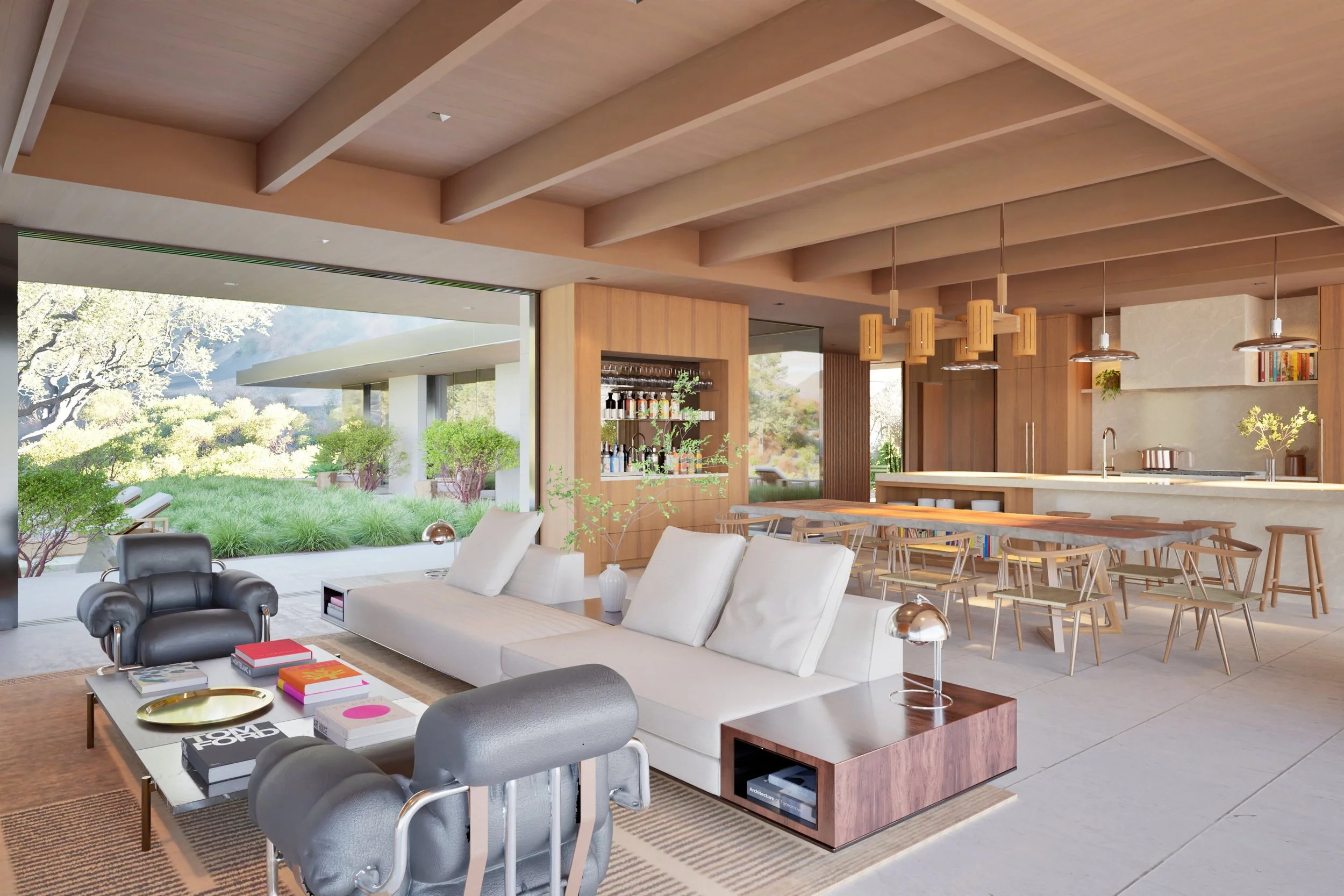 Pacific Palisades living room with view of kitchen and wet bar  — Miramar residence by William Kaven Architecture