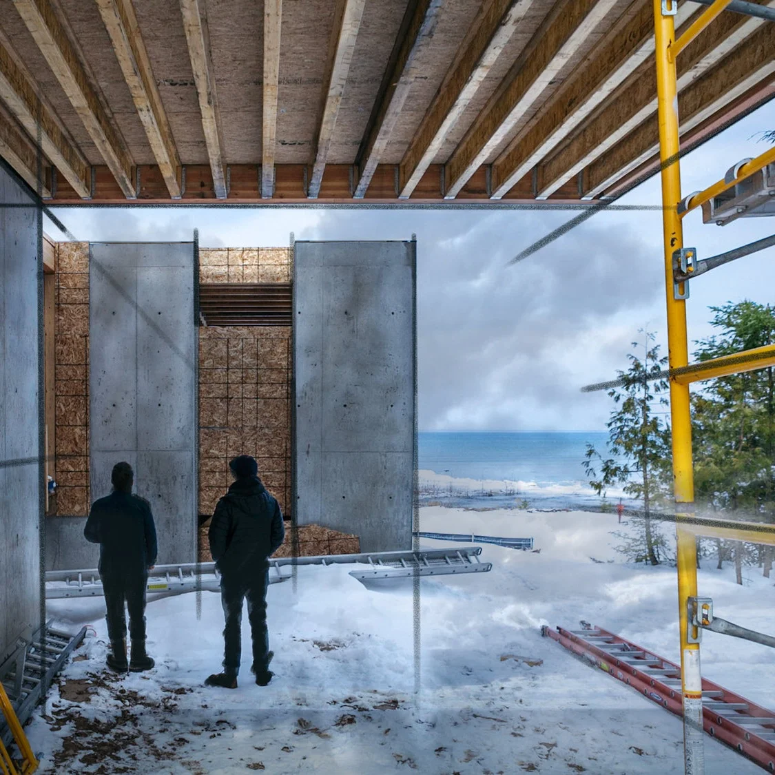 Camp MINOH under construction with two male figures — William Kaven Architecture