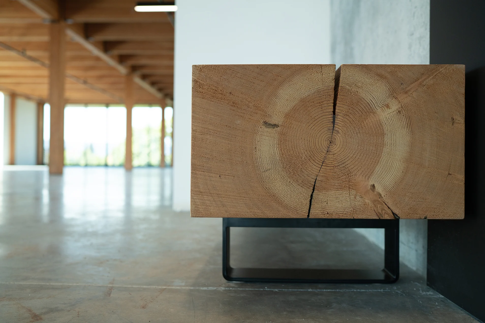 Detail of heavy timber bench at Silica building designed by William Kaven Architecture