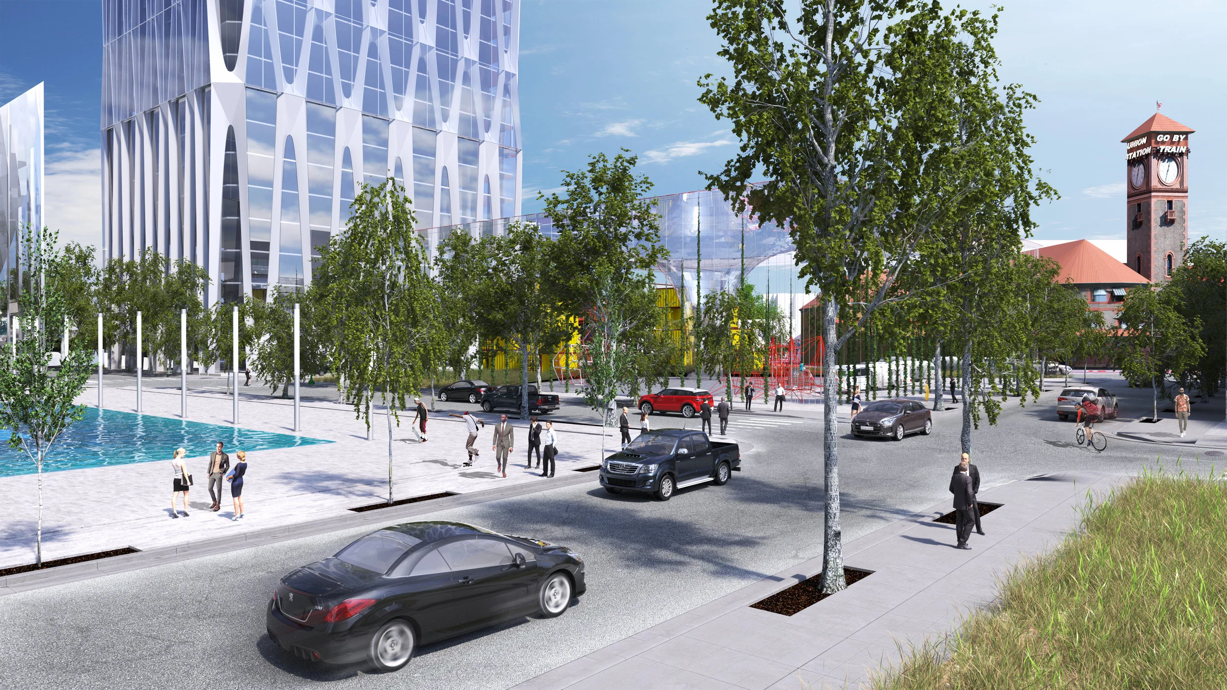 Broadway Corridor towers with reflecting pool — William Kaven Architecture