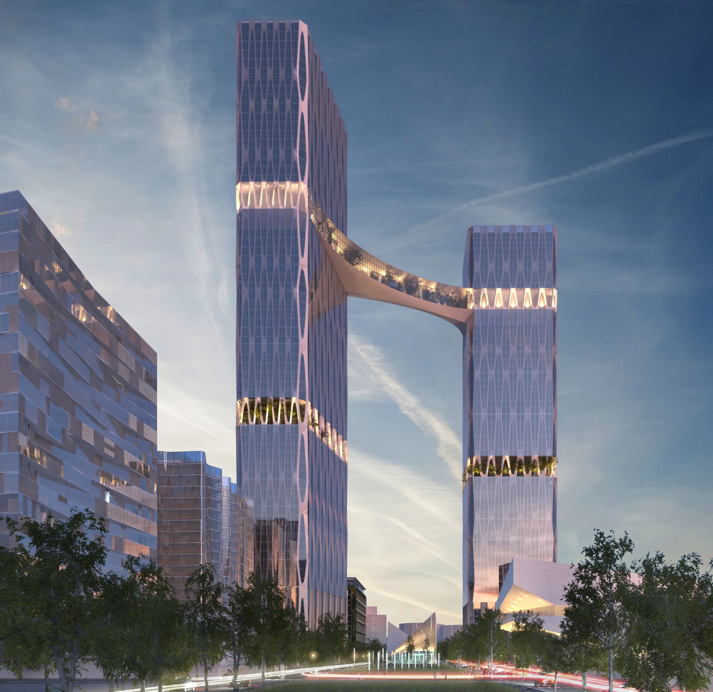 Broadway Corridor towers from below — William Kaven Architecture