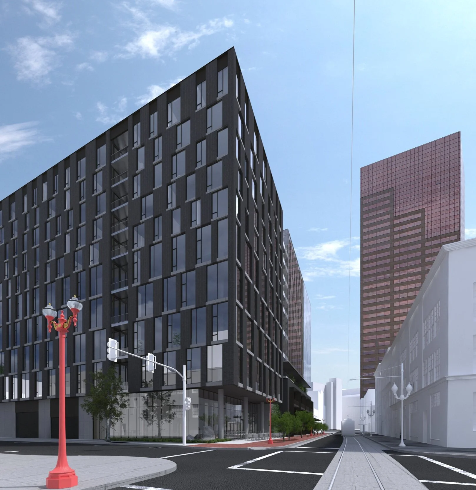 Block 33 with Big Pink in background, Portland, Oregon - William Kaven Architecture