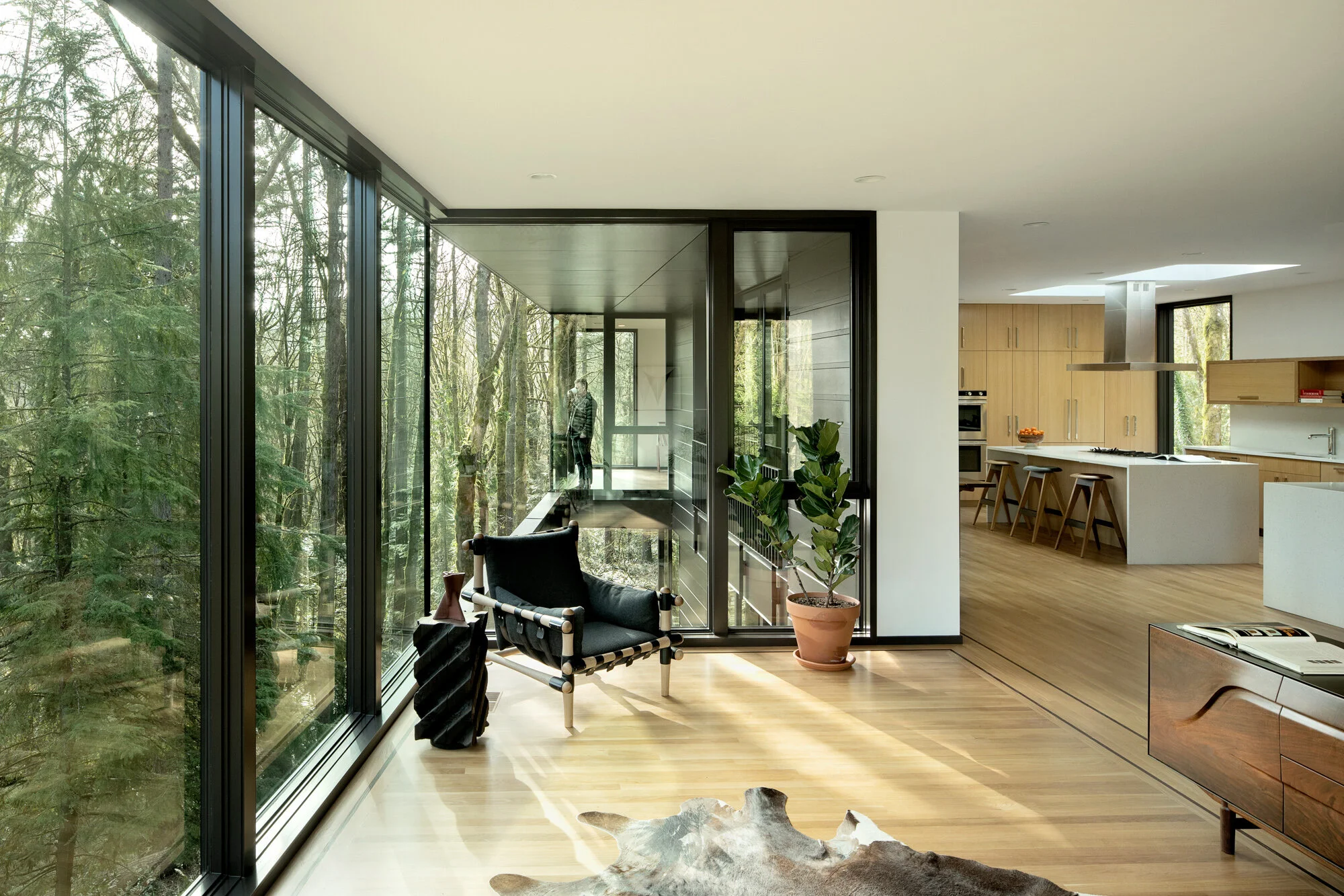 Modern living room and kitchen in forest house — William Kaven Architecture
