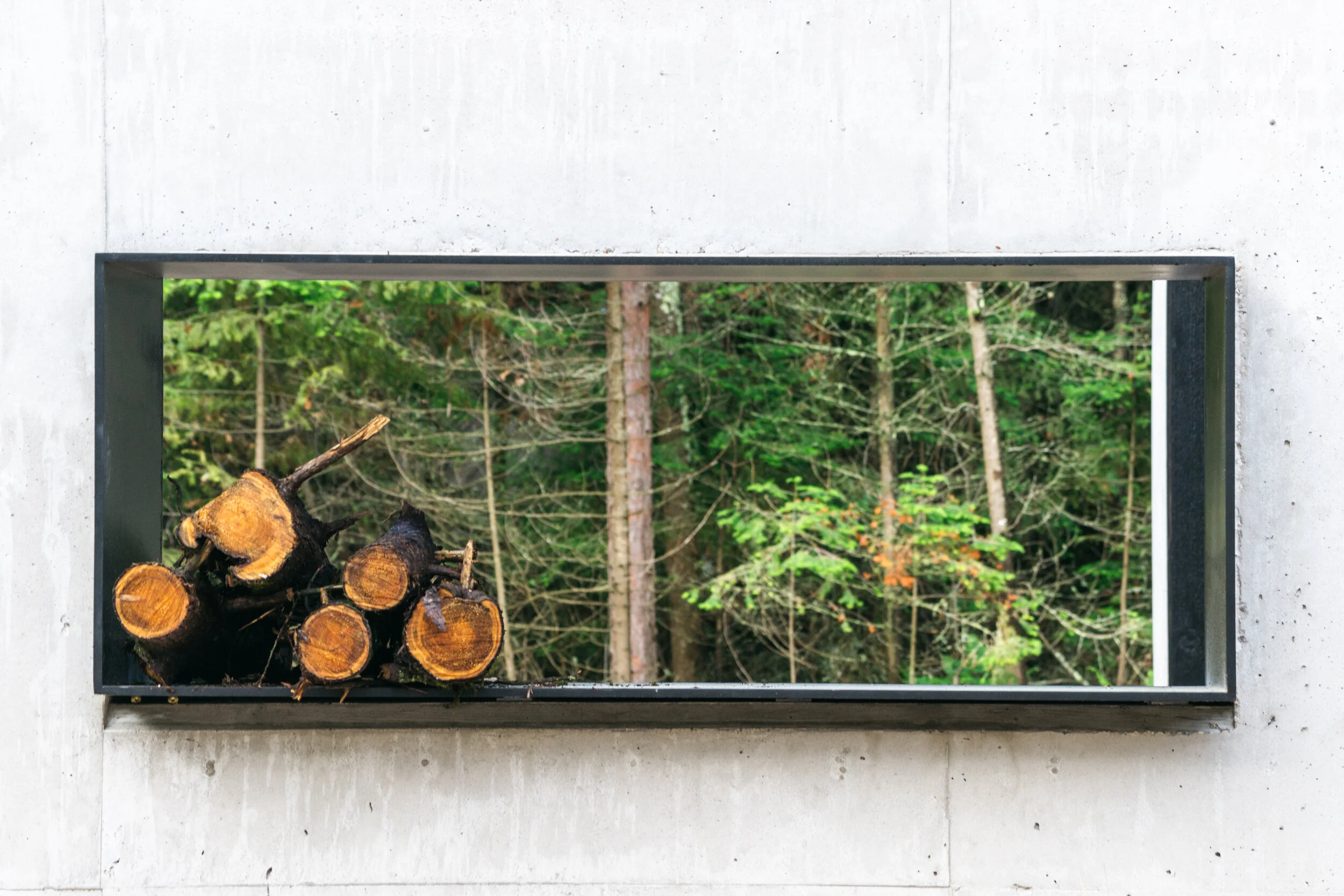 Firewood storage at modern lake house in Michigan — William Kaven Architecture