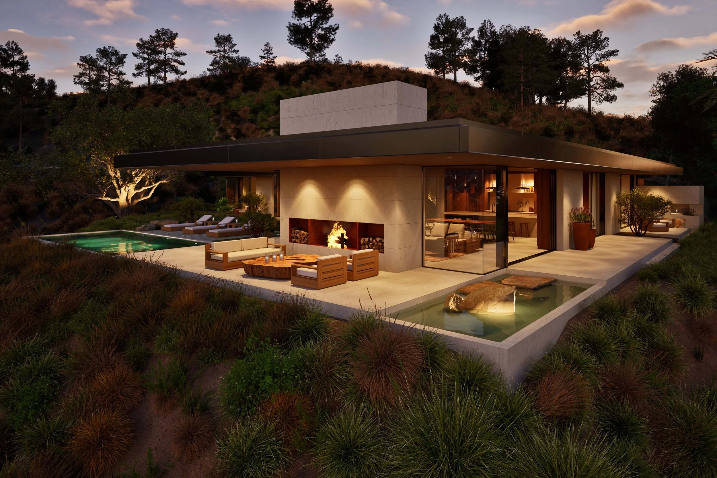Terrace of modern home in Pacific Palisades with pool, water features, and fireplace Car gallery with custom classic cars and view of courtyard — Miramar by William Kaven Architecture