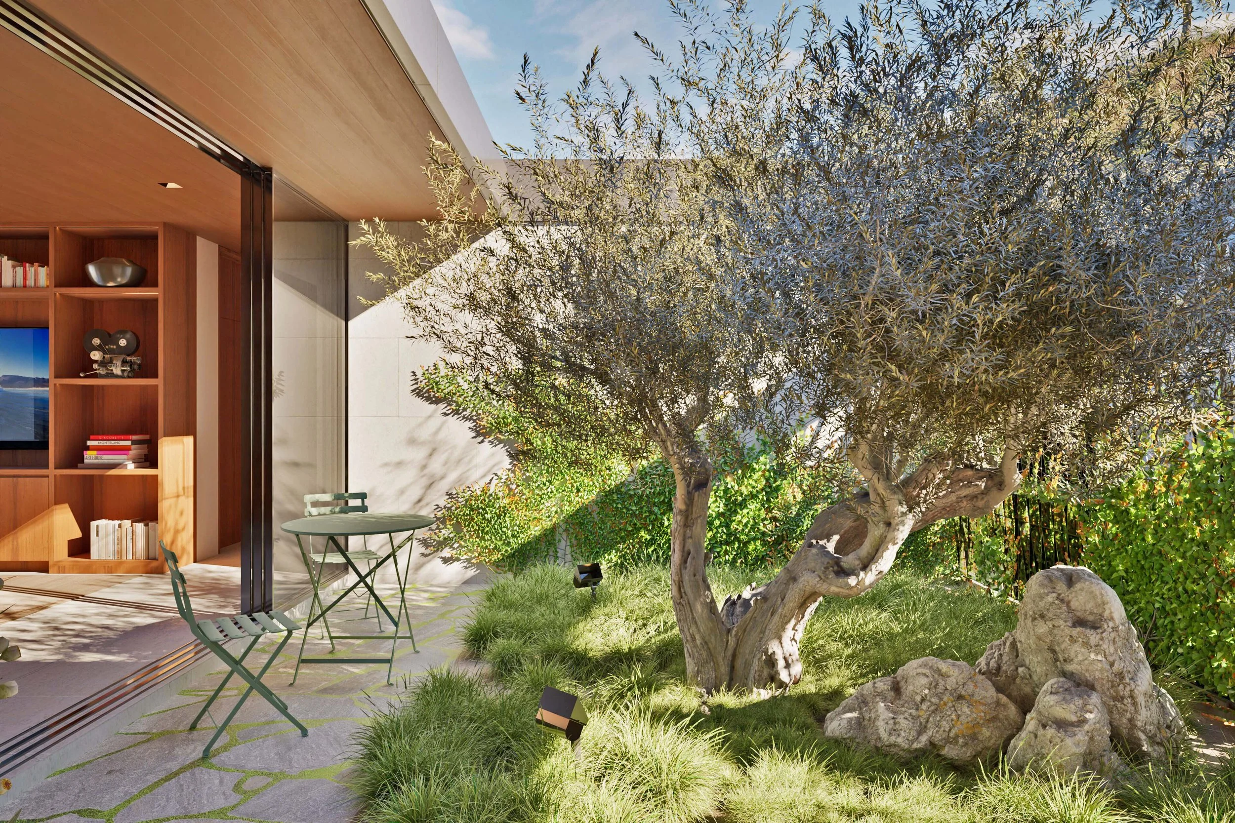 Entry courtyard in Pacific Palisades with olive tree and terrace  — Miramar residence by William Kaven Architecture