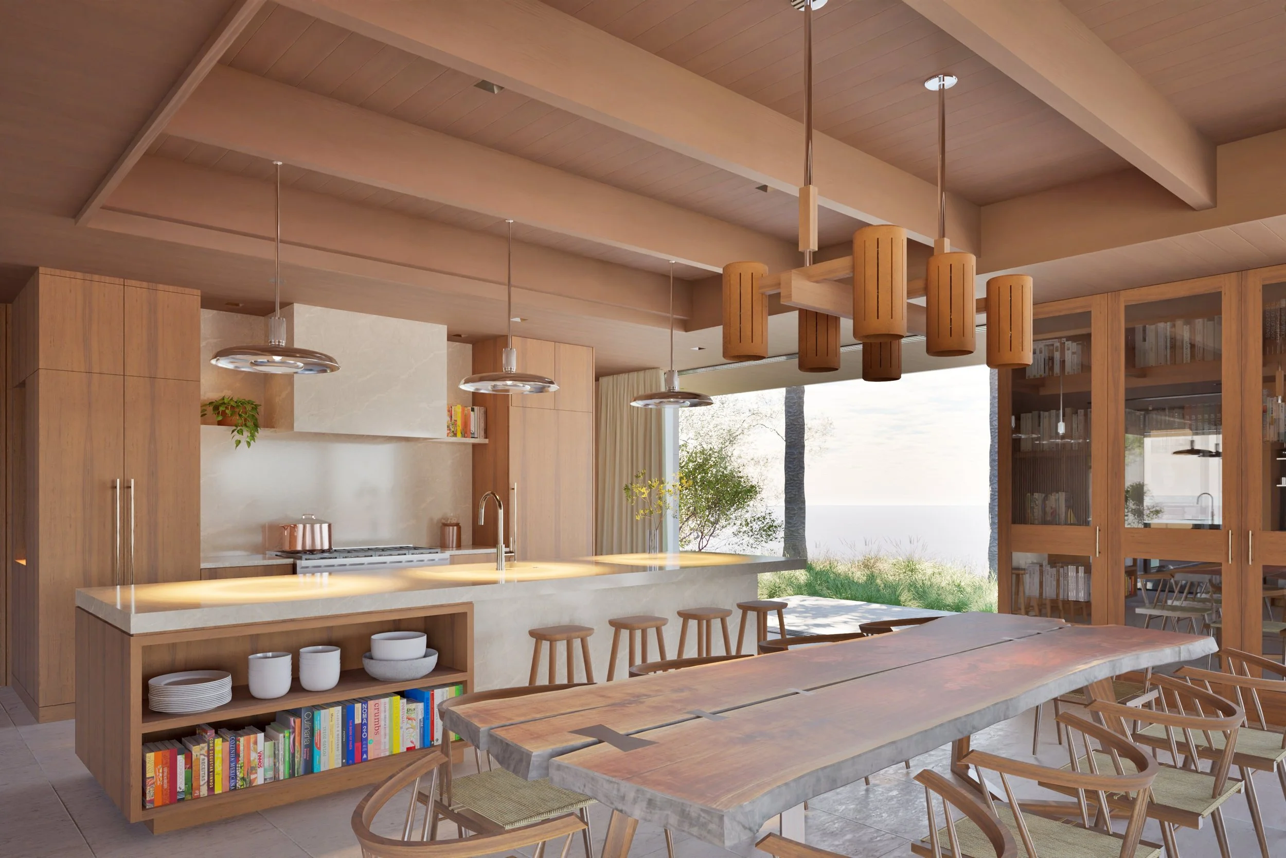 Kitchen in Pacific Palisades home with custom terra cotta chandelier Miramar residence by William Kaven Architecture