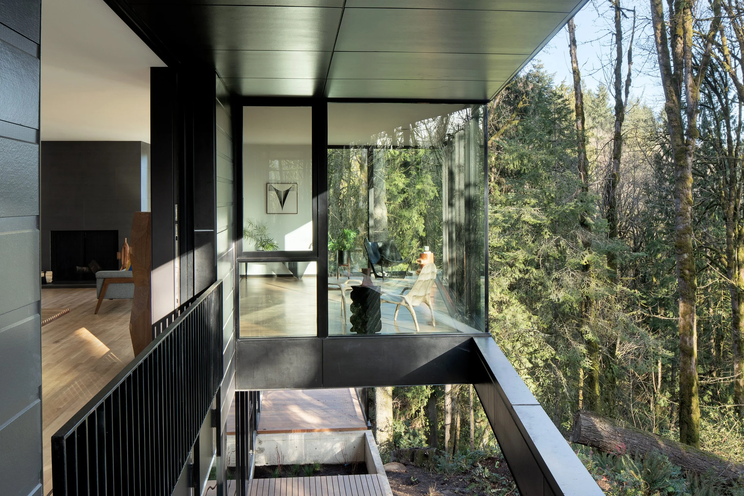 Detail of modern house exterior with juliette balcony — William Kaven Architecture