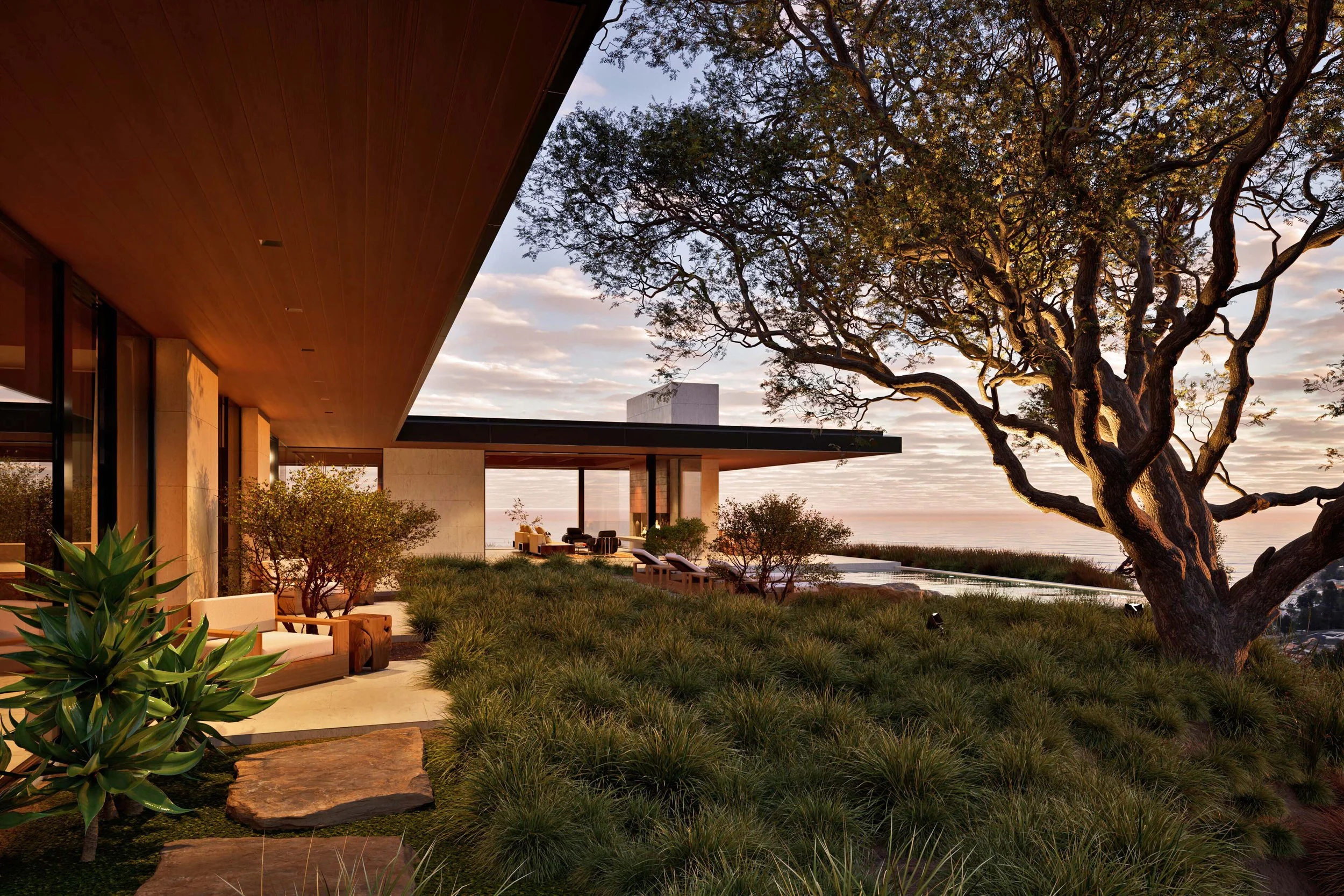 View of modern home and terrace in Pacific Palisades  — Miramar residence by William Kaven Architecture