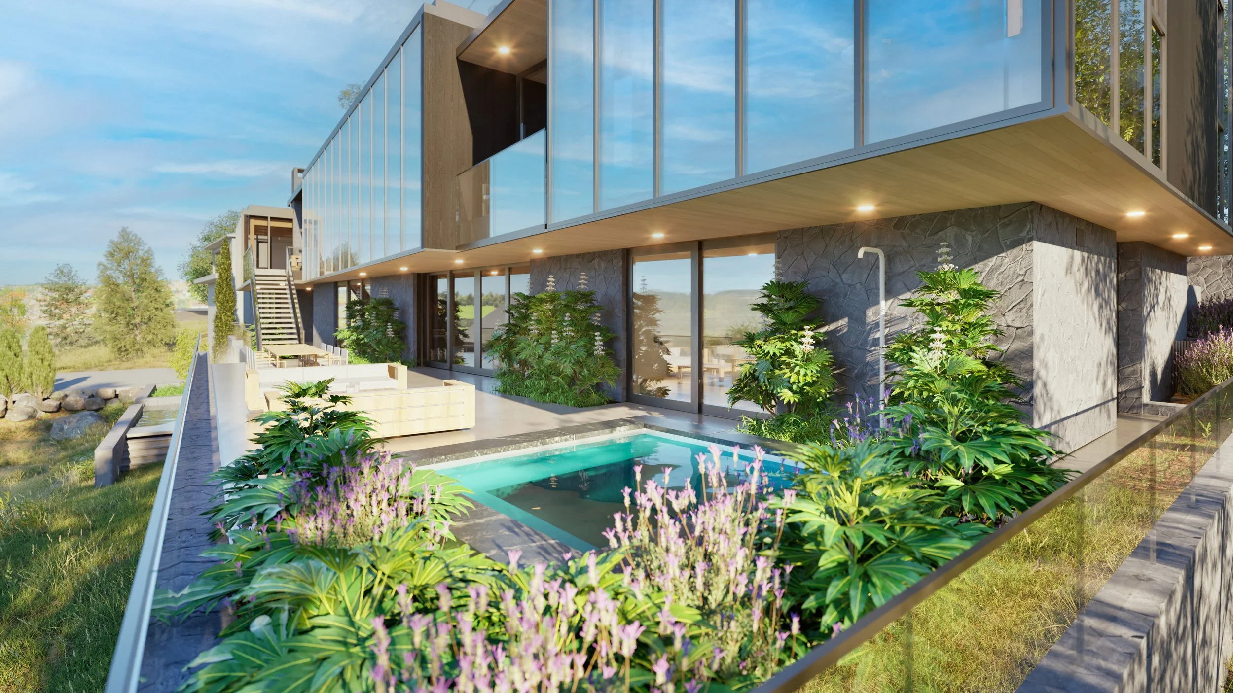 Lower terrace spa with plantings — William Kaven Architecture.