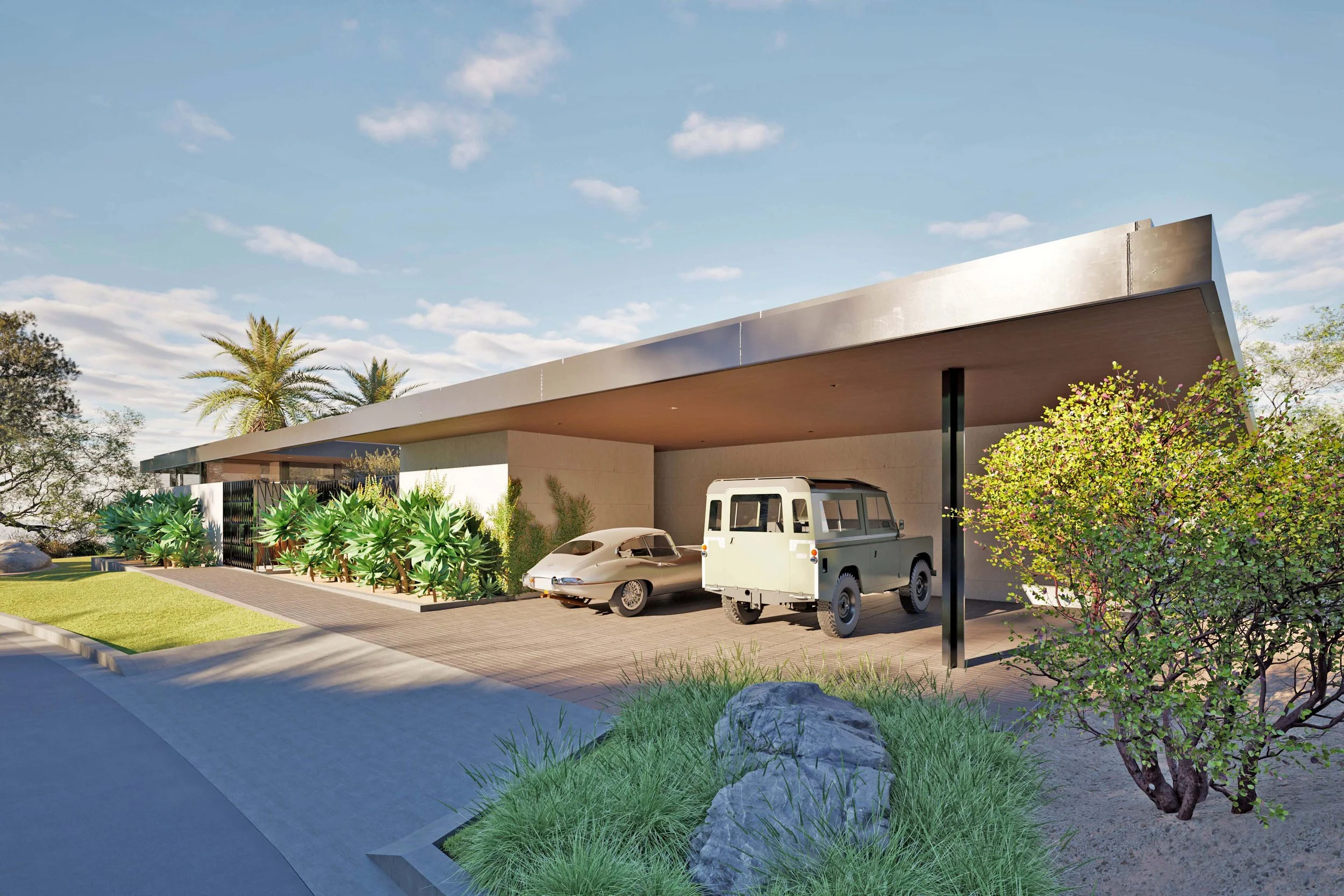 Carport at modern Pacific Palisades home Miramar residence by William Kaven Architecture