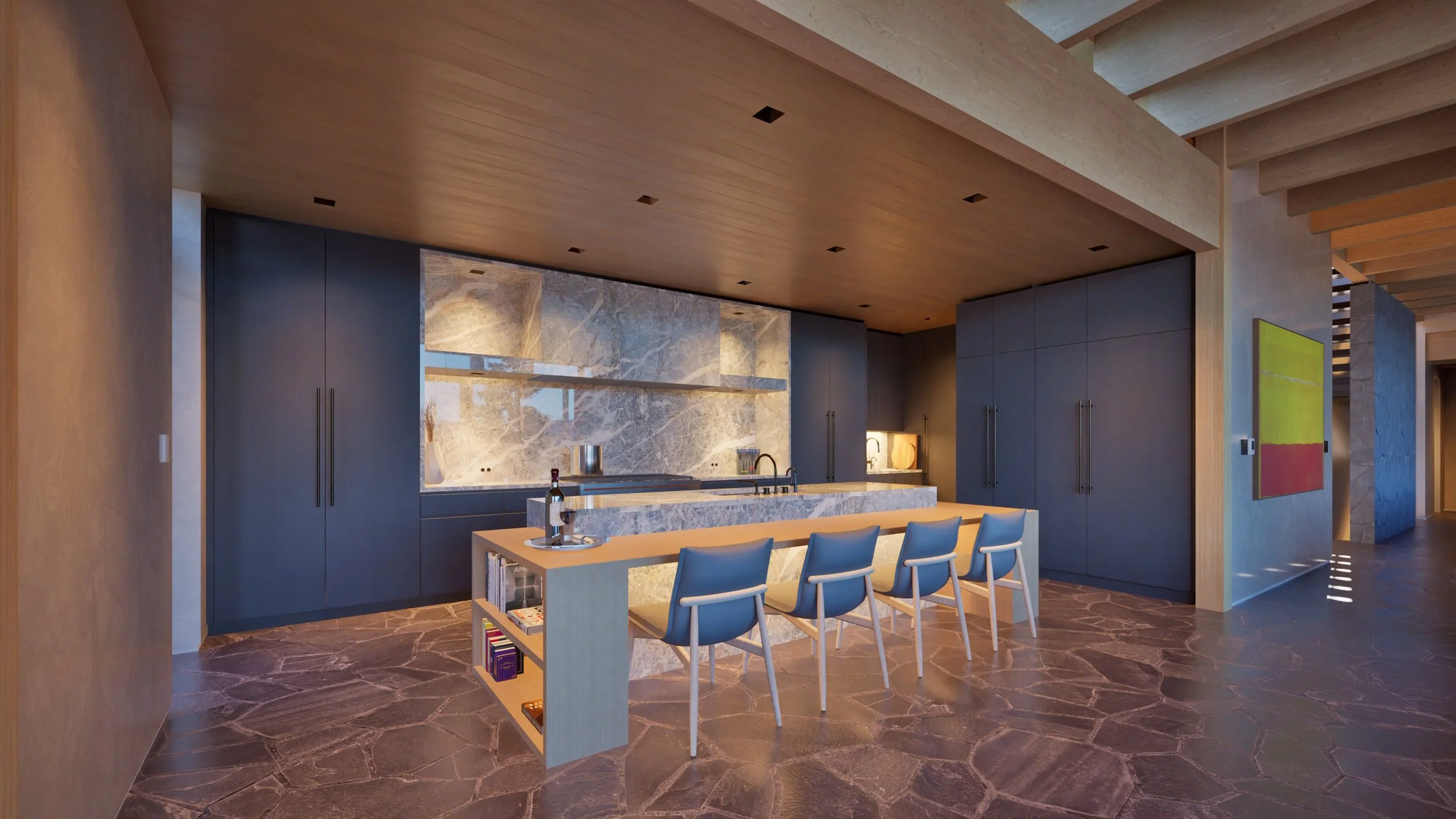Kitchen with seating at island — William Kaven Architecture.