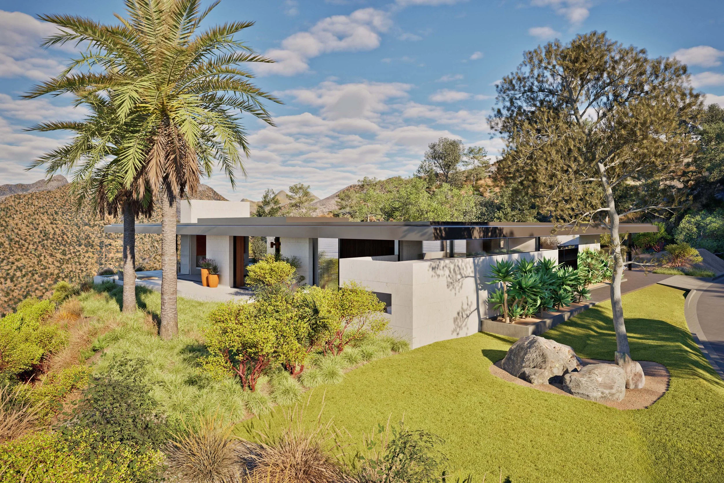 Drone view of corner of modern house in Pacific Palisades Miramar residence by William Kaven Architecture