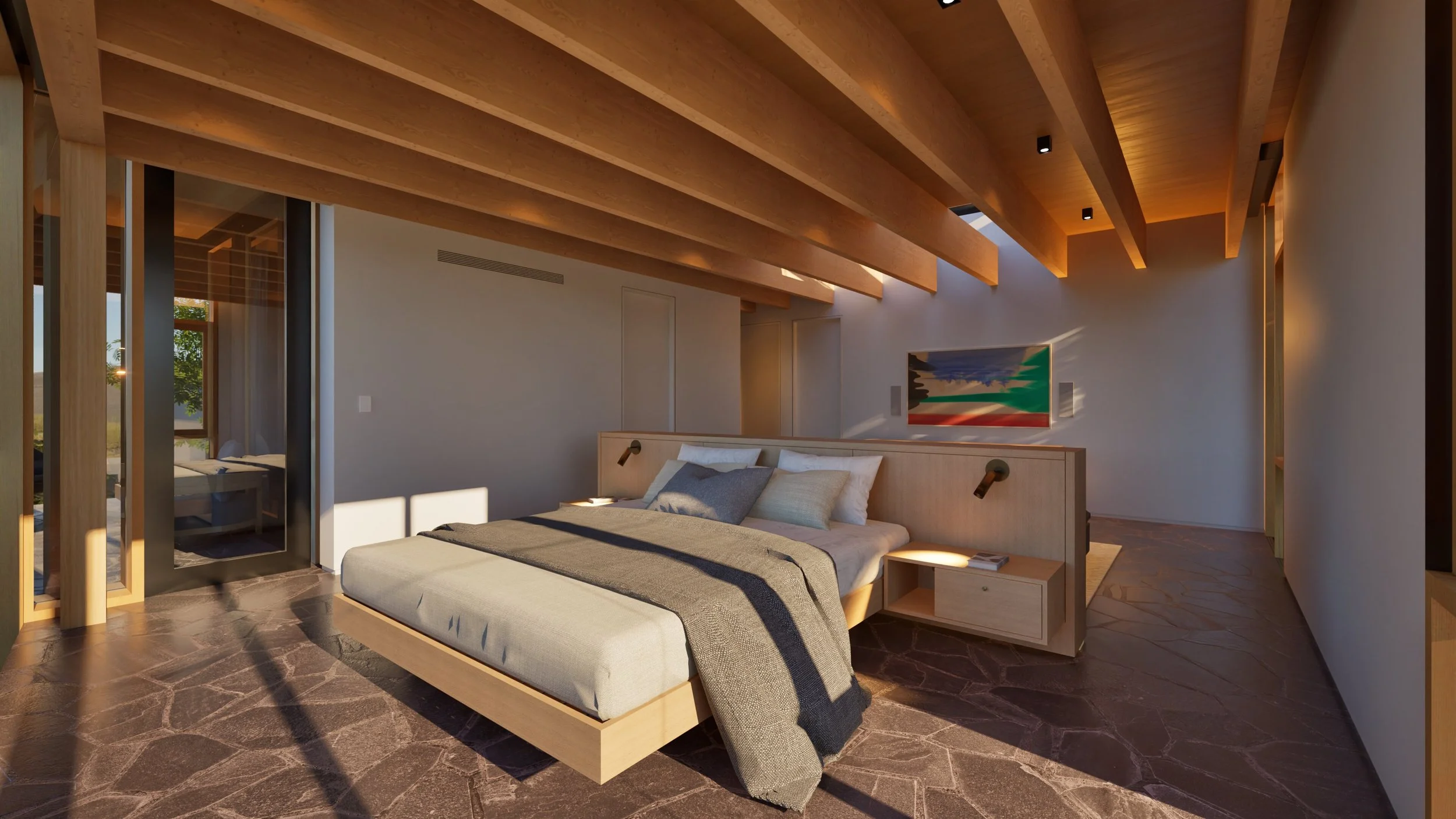 Primary bedroom with built-in bed and exposed white oak ceiling