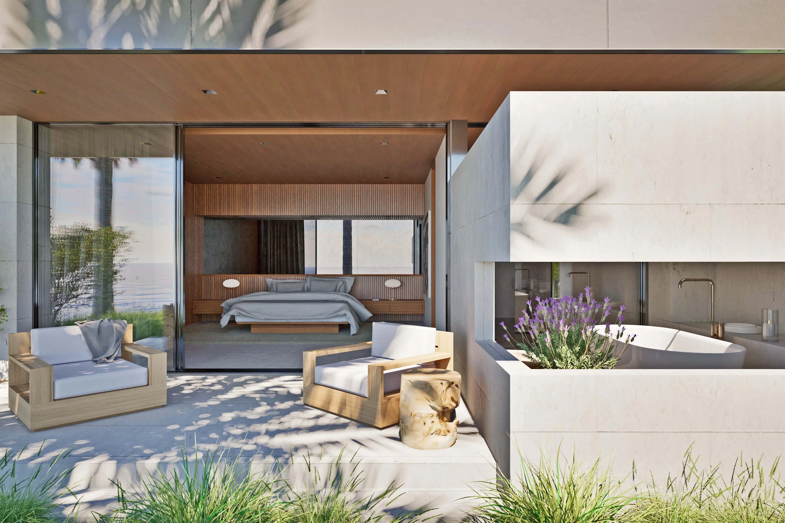 Primary bedroom with operable window walls that lead out to terrace Miramar residence by William Kaven Architecture