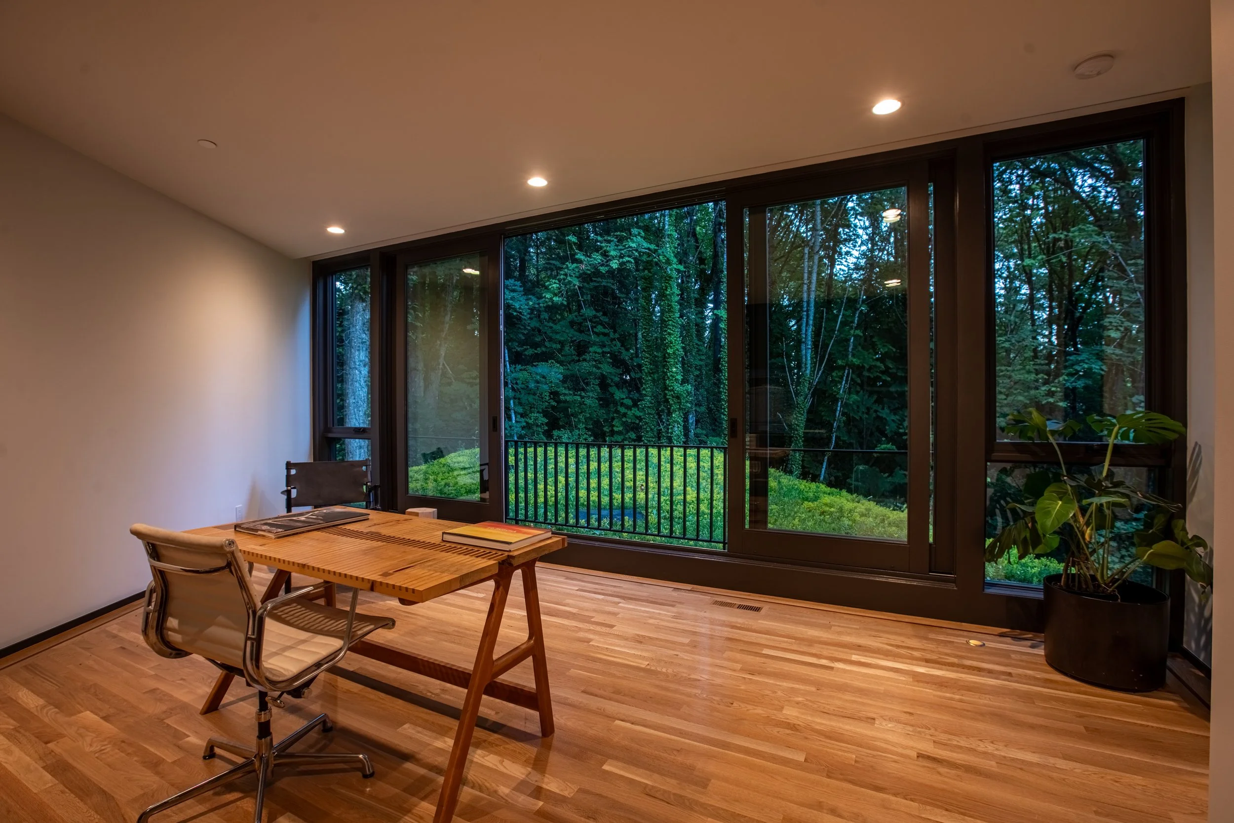 Study with view of forest and green roof — William Kaven Architecture