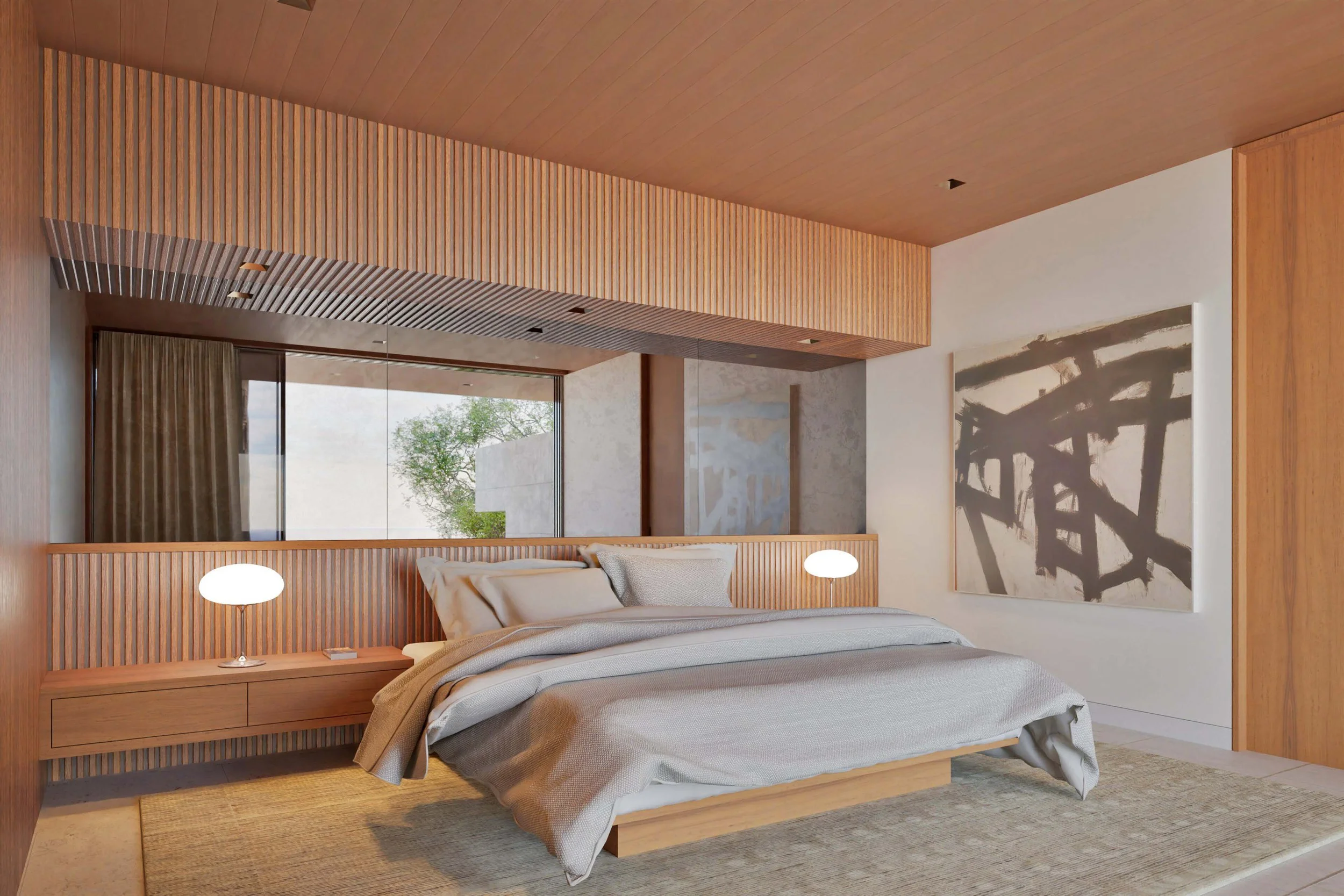 Bedroom in Pacific Palisades with built-in bed and integrated nighstands Miramar residence by William Kaven Architecture